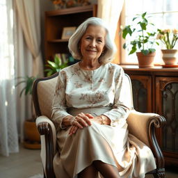 An elderly woman wearing elegant pantyhose, sitting gracefully on a vintage chair