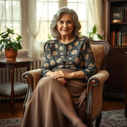 An elderly woman wearing elegant pantyhose, sitting gracefully on a vintage chair