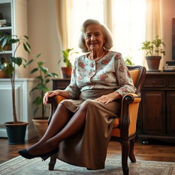 An elderly woman wearing elegant pantyhose, sitting gracefully on a vintage chair