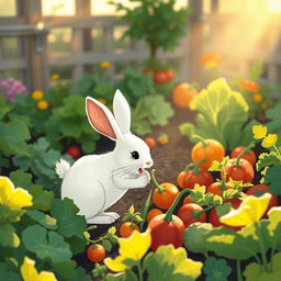 In the gentle light of the early morning, a small white rabbit is happily picking vegetables from a vibrant vegetable garden