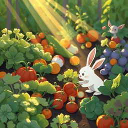 In the gentle light of the early morning, a small white rabbit is happily picking vegetables from a vibrant vegetable garden