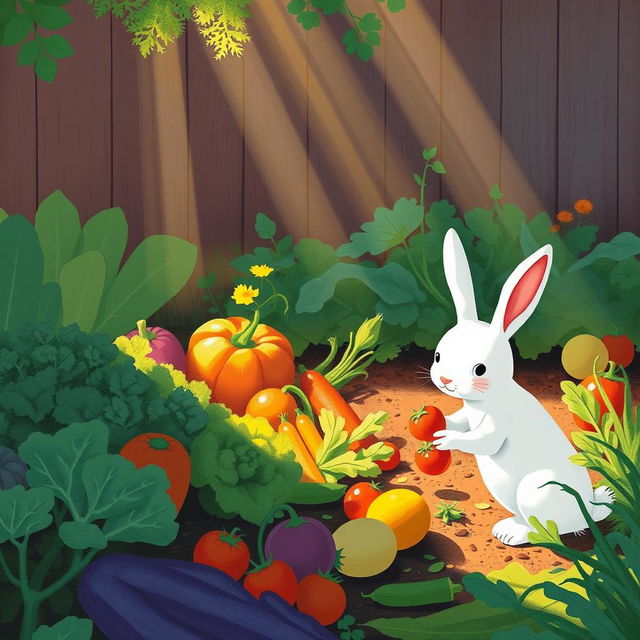 In the gentle light of the early morning, a small white rabbit is happily picking vegetables from a vibrant vegetable garden