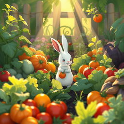 In the gentle light of the early morning, a small white rabbit is happily picking vegetables from a vibrant vegetable garden