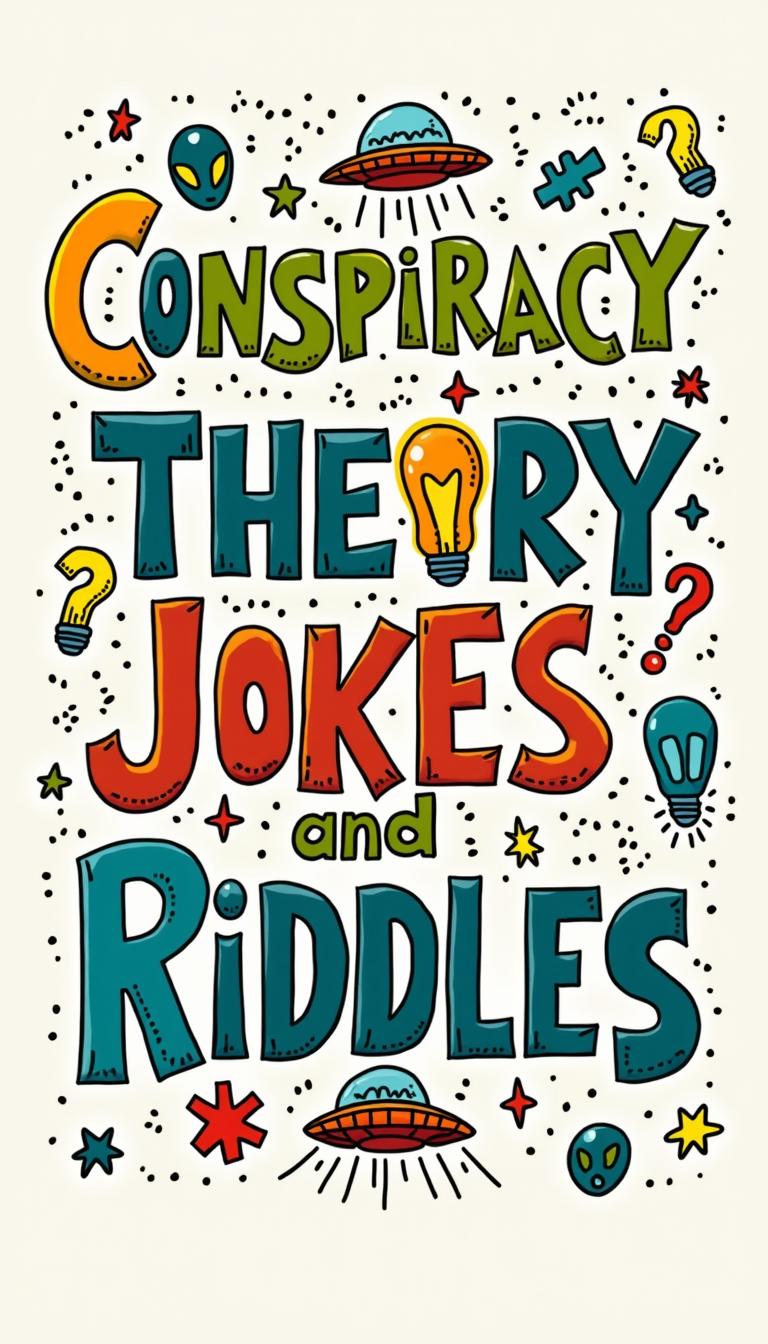 An artistic and whimsical illustration of the words 'Conspiracy Theory Jokes and Riddles' creatively designed in a playful font