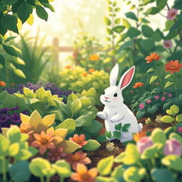 In the serene early morning, a small white rabbit is joyfully picking leafy green vegetables in a lively vegetable garden