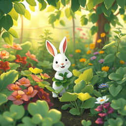 In the serene early morning, a small white rabbit is joyfully picking leafy green vegetables in a lively vegetable garden