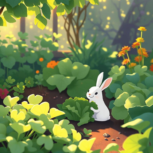 In the serene early morning, a small white rabbit is joyfully picking leafy green vegetables in a lively vegetable garden