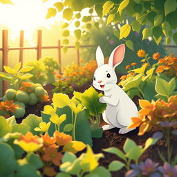 In the serene early morning, a small white rabbit is joyfully picking leafy green vegetables in a lively vegetable garden