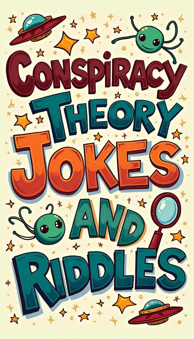 An imaginative and visually captivating illustration of the words 'Conspiracy Theory Jokes and Riddles' formed in a lively and dynamic font