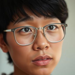 A close-up portrait of a person with glasses on their face, showcasing a thoughtful expression