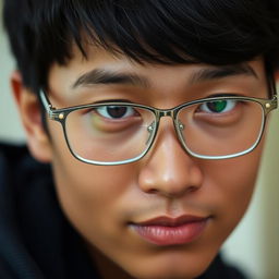 A close-up portrait of a person with glasses on their face, showcasing a thoughtful expression