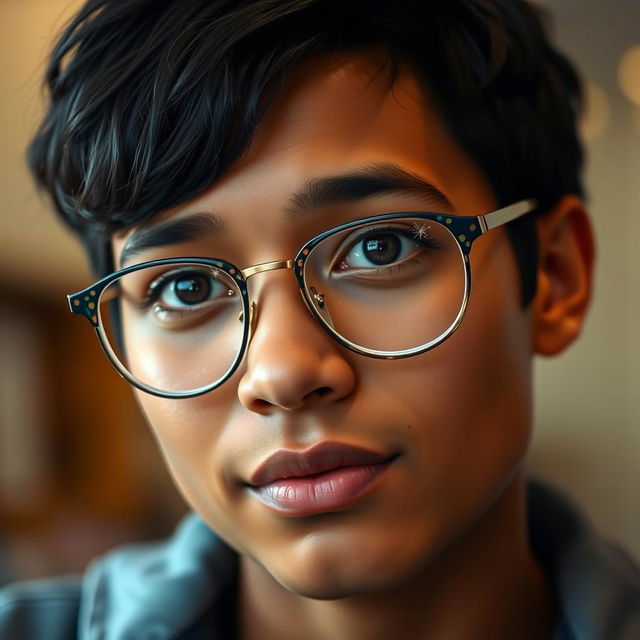 A close-up portrait of a person with glasses on their face, showcasing a thoughtful expression