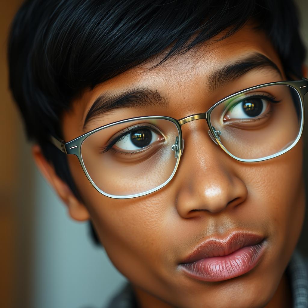 A close-up portrait of a person with glasses on their face, showcasing a thoughtful expression