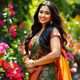 A beautiful Indian woman with an elegant curvy figure, dressed in traditional attire such as a colorful saree, adorned with intricate jewelry