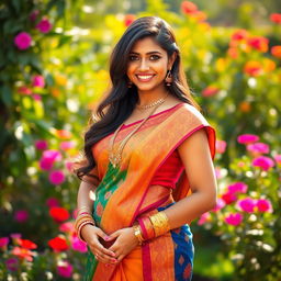 A beautiful Indian woman with an elegant curvy figure, dressed in traditional attire such as a colorful saree, adorned with intricate jewelry