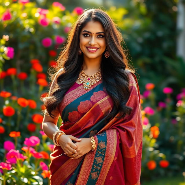 A beautiful Indian woman with an elegant curvy figure, dressed in traditional attire such as a colorful saree, adorned with intricate jewelry