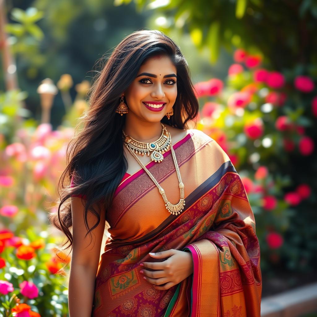 A beautiful Indian woman with an elegant curvy figure, dressed in traditional attire such as a colorful saree, adorned with intricate jewelry