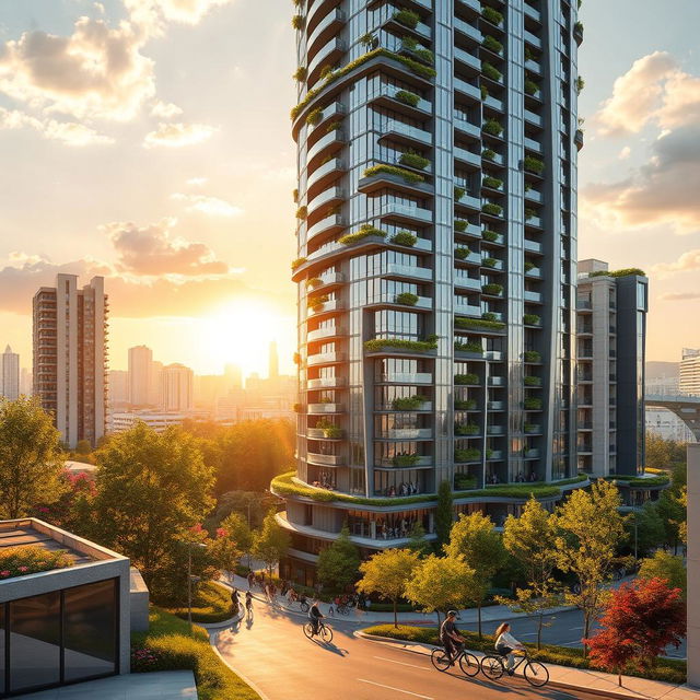 A stunning architectural rendering of a modern residential tower, showcasing a high-rise structure featuring sleek glass facades and sustainable green terraces