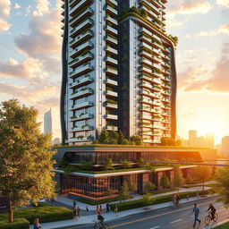 A stunning architectural rendering of a modern residential tower, showcasing a high-rise structure featuring sleek glass facades and sustainable green terraces