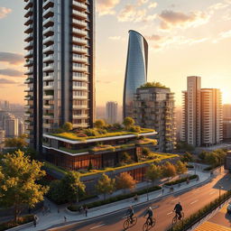 A stunning architectural rendering of a modern residential tower, showcasing a high-rise structure featuring sleek glass facades and sustainable green terraces