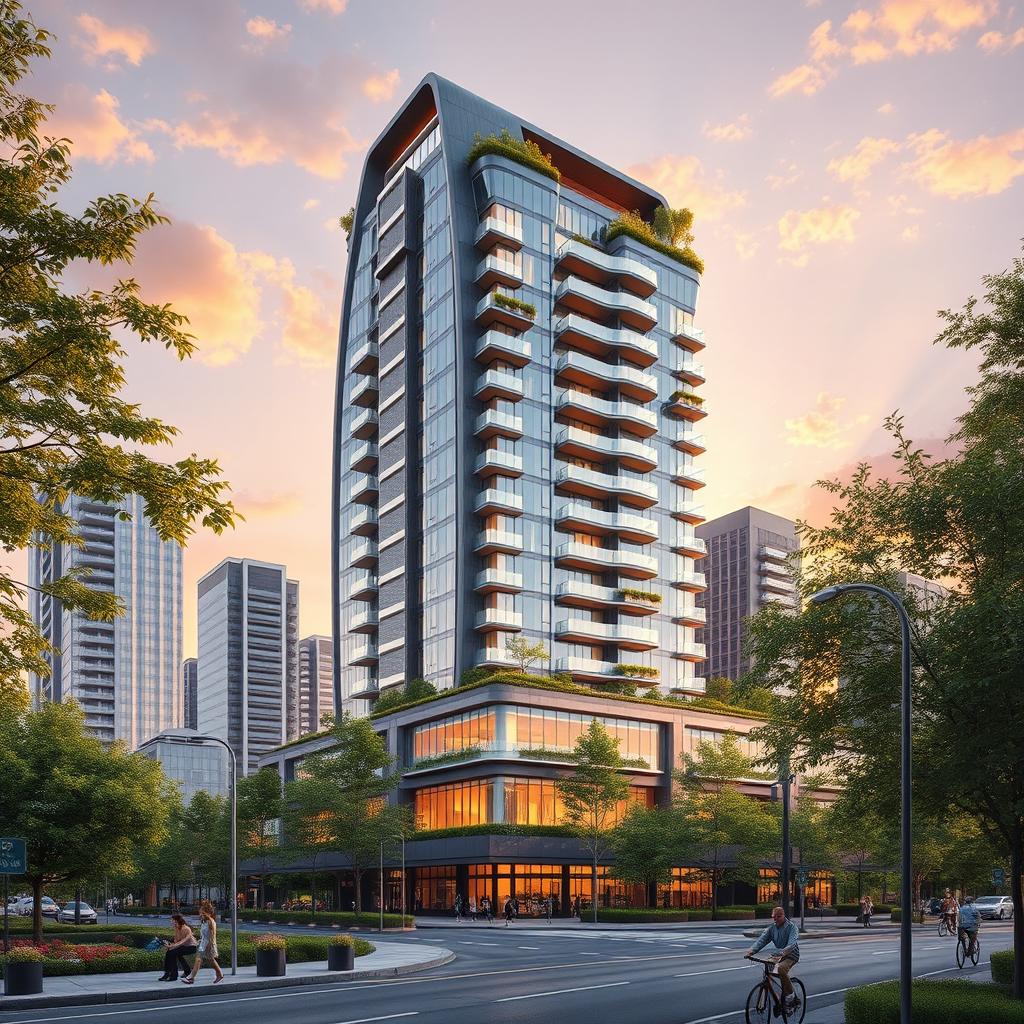 A stunning architectural rendering of a modern residential tower, showcasing a high-rise structure featuring sleek glass facades and sustainable green terraces