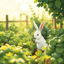 In a peaceful morning setting, a small white rabbit is delicately picking fresh green vegetables from a vibrant vegetable garden