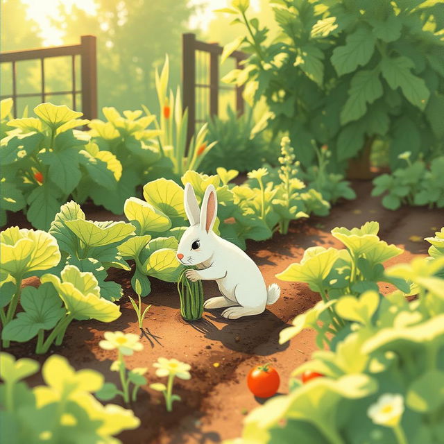 In a peaceful morning setting, a small white rabbit is delicately picking fresh green vegetables from a vibrant vegetable garden