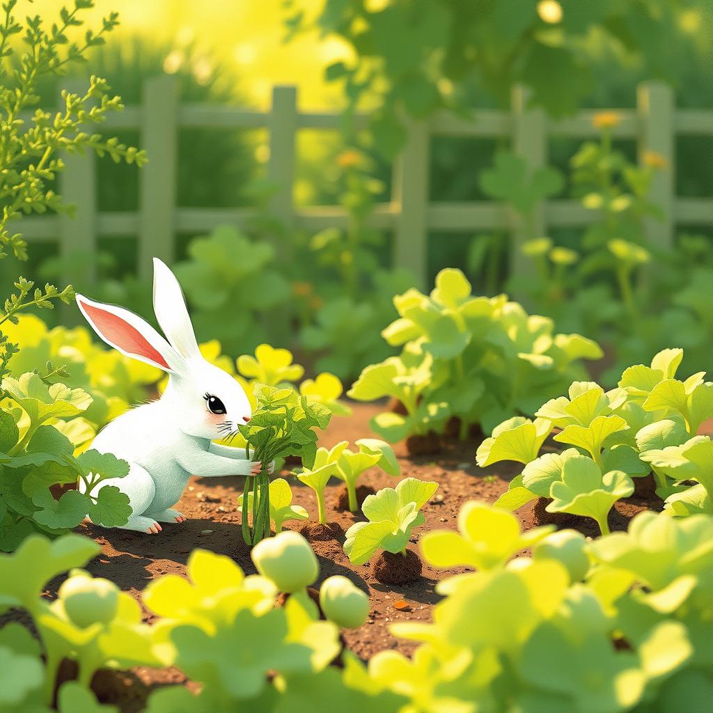 In a peaceful morning setting, a small white rabbit is delicately picking fresh green vegetables from a vibrant vegetable garden