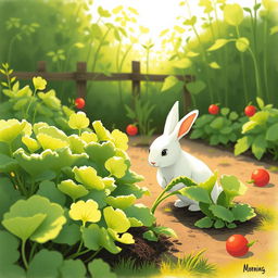 In a peaceful morning setting, a small white rabbit is delicately picking fresh green vegetables from a vibrant vegetable garden