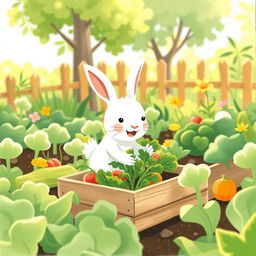 In a tranquil morning atmosphere, a small white rabbit is happily harvesting fresh green vegetables in a colorful vegetable garden