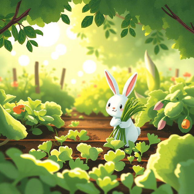 In a tranquil morning atmosphere, a small white rabbit is happily harvesting fresh green vegetables in a colorful vegetable garden