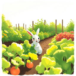 In a tranquil morning atmosphere, a small white rabbit is happily harvesting fresh green vegetables in a colorful vegetable garden