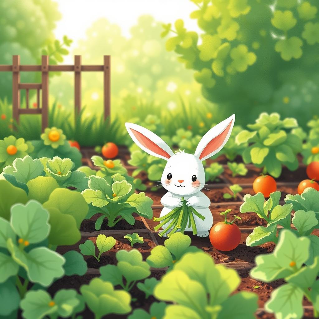 In a tranquil morning atmosphere, a small white rabbit is happily harvesting fresh green vegetables in a colorful vegetable garden