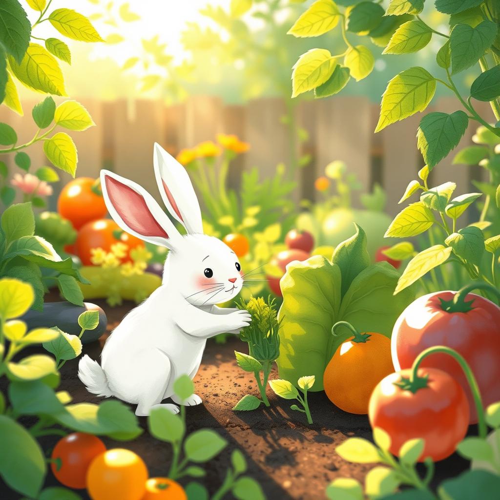 In the soft morning light, a small white rabbit is playfully picking fresh greens in a charming vegetable garden