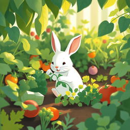 In the soft morning light, a small white rabbit is playfully picking fresh greens in a charming vegetable garden