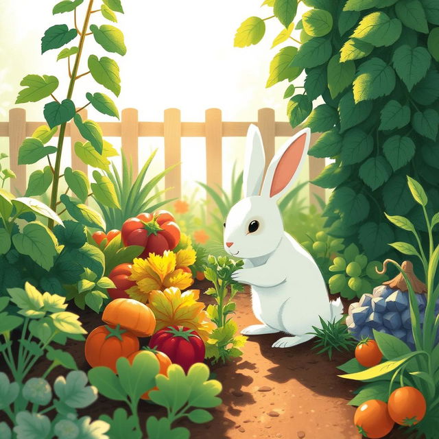 In the soft morning light, a small white rabbit is playfully picking fresh greens in a charming vegetable garden