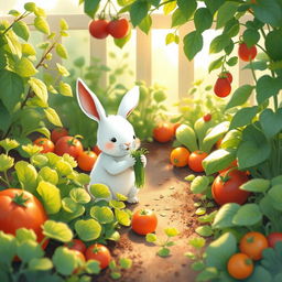 In the soft morning light, a small white rabbit is playfully picking fresh greens in a charming vegetable garden