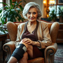 A stunning elderly woman with graceful features, radiating timeless beauty, wearing a stylish leg cast that showcases her elegant outfit