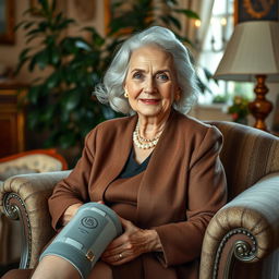 A stunning elderly woman with graceful features, radiating timeless beauty, wearing a stylish leg cast that showcases her elegant outfit