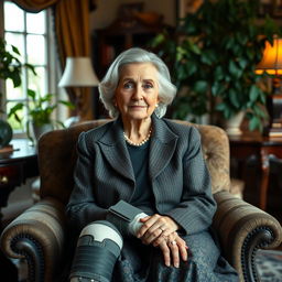 A stunning elderly woman with graceful features, radiating timeless beauty, wearing a stylish leg cast that showcases her elegant outfit
