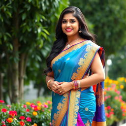 A beautiful curvy Indian woman wearing a vibrant traditional saree, featuring intricate gold embroidery