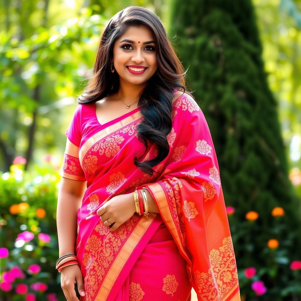 A beautiful curvy Indian woman wearing a vibrant traditional saree, featuring intricate gold embroidery