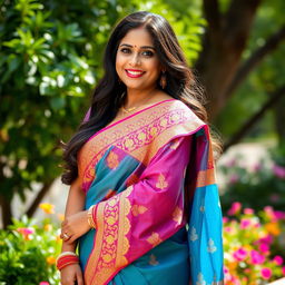 A beautiful curvy Indian woman wearing a vibrant traditional saree, featuring intricate gold embroidery