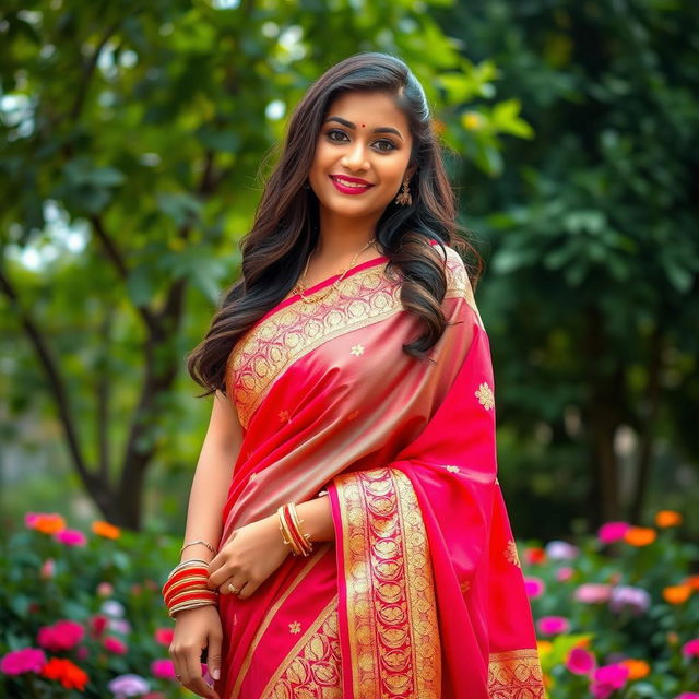 A beautiful curvy Indian woman wearing a vibrant traditional saree, featuring intricate gold embroidery