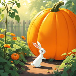 In a bright morning scene, a small white rabbit stands in front of an enormous pumpkin in a lively vegetable garden