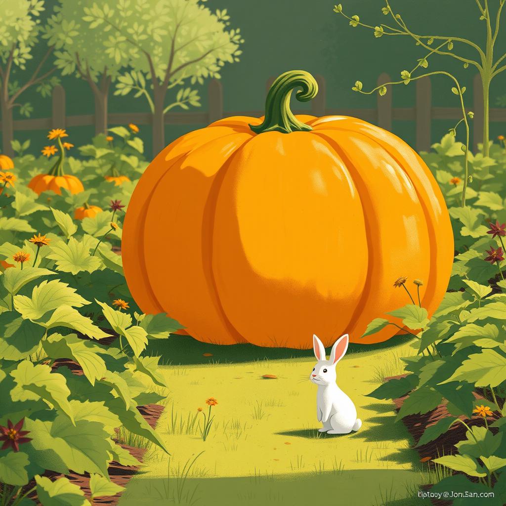 In a bright morning scene, a small white rabbit stands in front of an enormous pumpkin in a lively vegetable garden