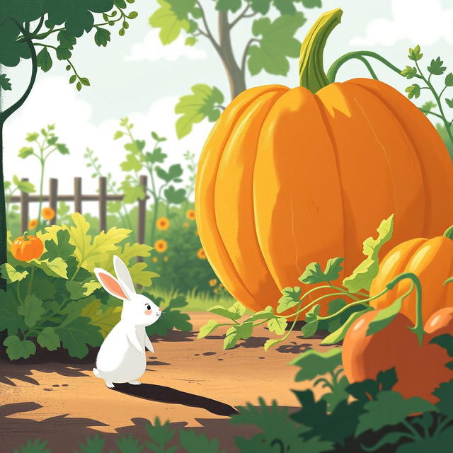 In a bright morning scene, a small white rabbit stands in front of an enormous pumpkin in a lively vegetable garden