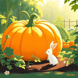 In a bright morning scene, a small white rabbit stands in front of an enormous pumpkin in a lively vegetable garden