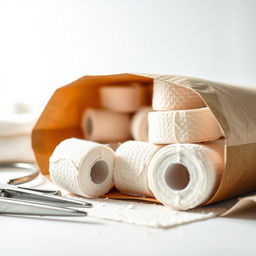 A detailed close-up view of a pack of Plaster of Paris bandages, showcasing the texture and patterns of the bandages