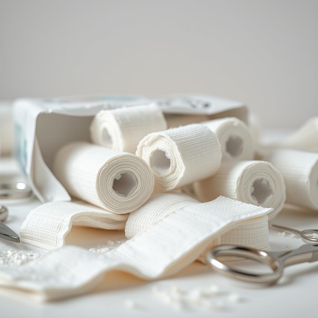 A detailed close-up view of a pack of Plaster of Paris bandages, showcasing the texture and patterns of the bandages